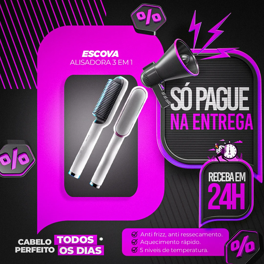 Escova Pro 3 em 1 com benefícios antifrizz, aquecimento rápido e cinco temperaturas